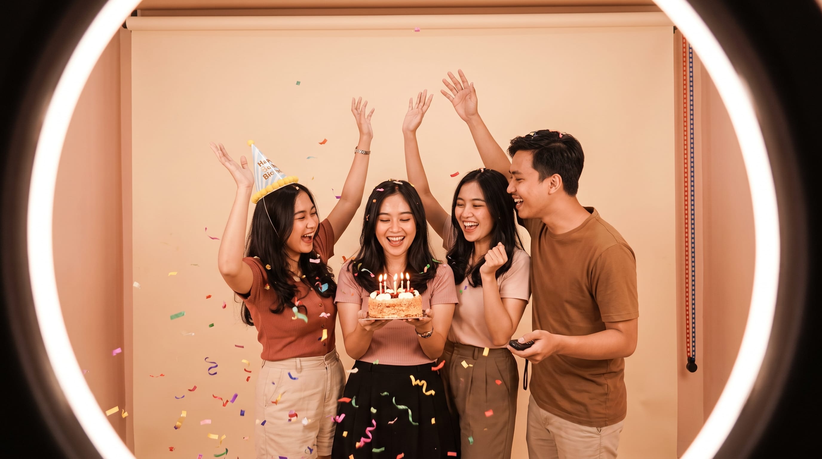 Pose meniup lilin kue ulang tahun bersama teman-teman