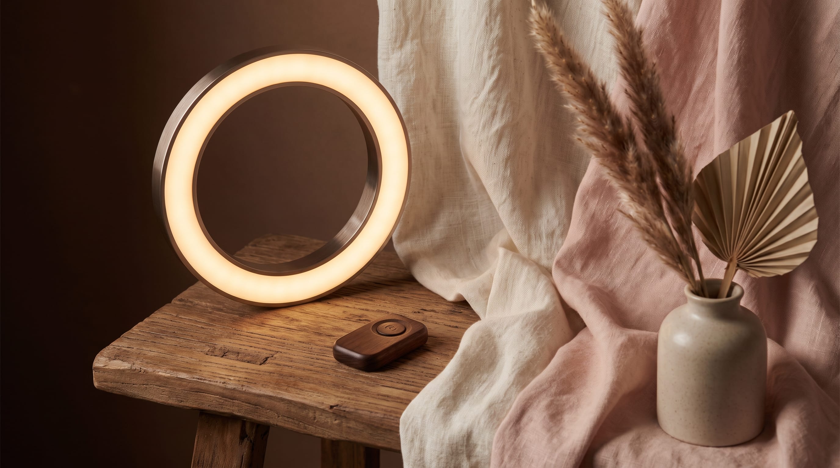 Tampilan interior studio Aegis dengan ring light dan kursi kayu